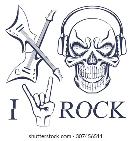 Earphone skull with crossed guitars and signature at the bottom. Conceptual idea. Vector illustration