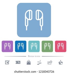 Earphone white flat icons on color rounded square backgrounds. 6 bonus icons included