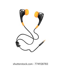 Earphones with adapter cord, music technology accessory cartoon vector Illustration
