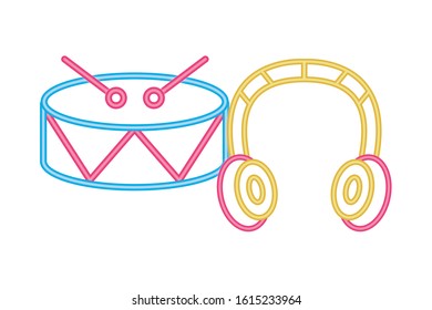 earphones audio with drum instrument vector illustration design