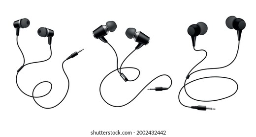 Earphones. Black headphone. Realistic audio gadget with speaker. View from different sides on mobile headset. Wire equipment for listening music. Device accessory. Vector earbuds set