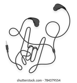 Earphones, In Ear type black color and Rock hand sign language made from cable isolated on white background, with copy space