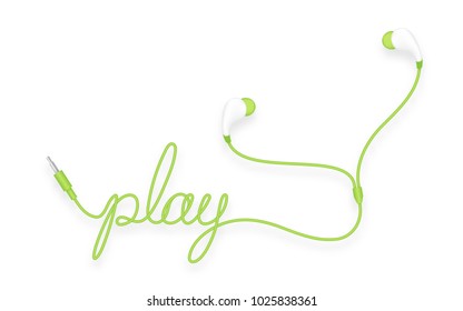 Earphones, In Ear type green color and play text made from cable isolated on white background, with copy space