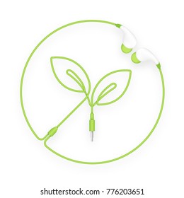 Earphones, In Ear type green color and Leaf Plant symbol with circle frame made from cable isolated on white background, with copy space