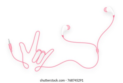 Earphones, In Ear type pink color and I Love You hand sign language made from cable isolated on white background, with copy space