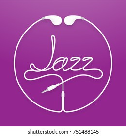 Earphones, Earbud type white color and Jazz text with circle frame made from cable isolated on purple gradient background, with copy space