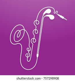 Earphones, Earbud type white color Saxophone shape made from cable isolated on purple gradient background, with copy space