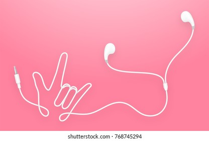 Earphones, Earbud type white color and I Love You hand sign language made from cable isolated on pink gradient background, with copy space