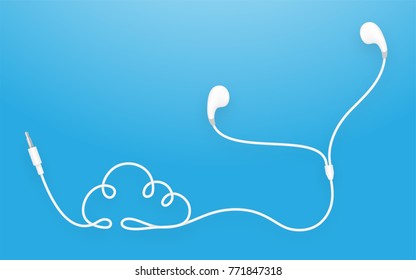 Earphones, Earbud type white color and Cloud symbol made from cable isolated on blue gradient background, with copy space