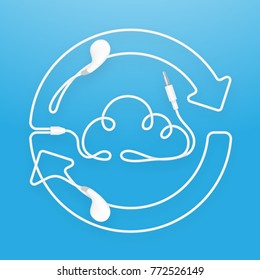 Earphones, Earbud type white color and Cloud symbol with arrow synchronize frame made from cable isolated on blue gradient background, with copy space