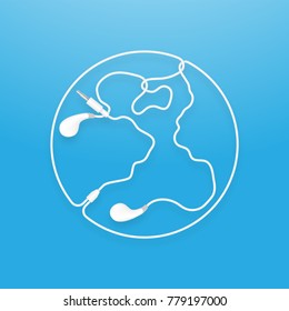 Earphones, Earbud type white color and World globe symbol made from cable isolated on blue gradient background, with copy space