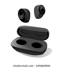 Earphones earbuds. Wireless Small in air.Black dark case with Modern gadget device for listen music in opened box. ree hands technology. vector illustration isolated