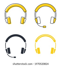 Earphones in glyph, icons set. Headset in silhouette. Headphones with microphone, can be used for listening music, customer service or support, online events. Vector