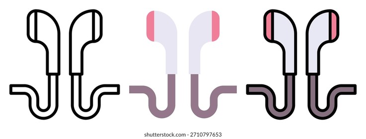 Earphones, Hands free Vector Icon Set in Outline, Colour And Flat Style