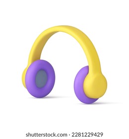 Earphones headphones purple music listening device audio equipment 3d icon realistic vector illustration. Musical radio stereo broadcasting electronic technology DJ bass beat gadget for head ears