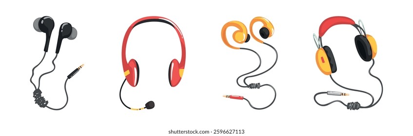 Earphones and Headphones as Wired and Wireless Audio Equipment for Music Listening Vector Set