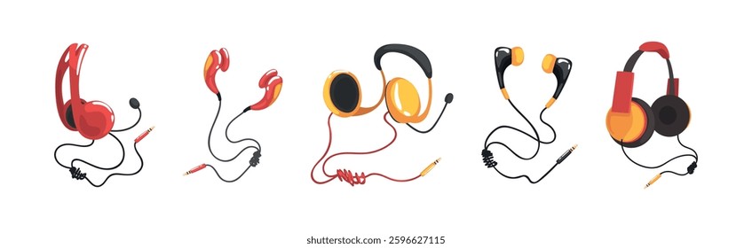 Earphones and Headphones as Wired and Wireless Audio Equipment for Music Listening Vector Set