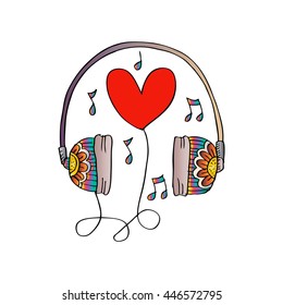 Earphones with heart. Doodle style.
