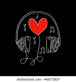 Earphones with heart. Doodle style.
