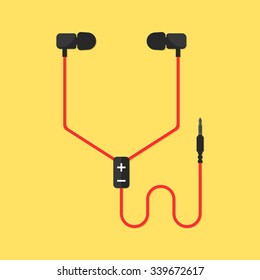 earphones isolated on yellow background. concept of meloman items, earbud, ear plugs, multimedia, hipster lifestyle, tune, surround, record. flat style trend modern design vector illustration