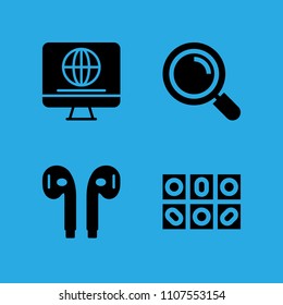 earphones, loupe, television and pills icons vector in sample icon set for web and graphic design