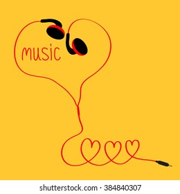 Earphones and red cord in shape of three hearts. Word music. Yellow background.  Flat design icon. Vector illustration