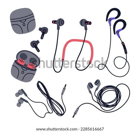 Earphones set. Wired and wireless audio equipment, music listening in-ear electronic music devices flat cartoon vector Illustration set