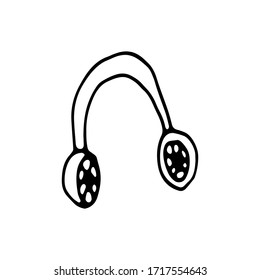 earphones simple black and white. Headphones doodle sketch style vector illustration, hand drawing.