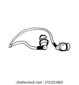 earphones simple black and white. Headphones doodle sketch style vector illustration, hand drawing. Stay Home, work in home. Freelance. Online studied. Isolated on white background.