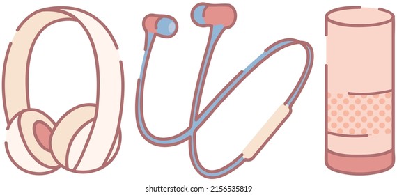 Earphones, smart device to listen to music, sports, relaxation, speak and meditation. Cartoon style headphones and loud speaker. Computer gadget for listening songs and music, lesson, audio files