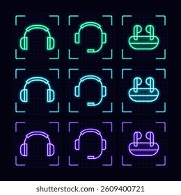 Earphones symbol set, cyber neon visual, glowing border grid vector.