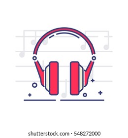 Earphones vector icon on white background with notes. Musical equipment topic.