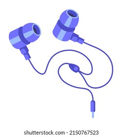 Earphones with wire, isolated headphones with cord and cable. Modern technology and gadget accessories, small portable device for listening to music and sounds for entertainment. Vector in flat style