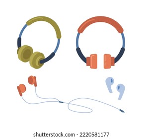 Audífonos con cable o inalámbrico, dispositivos tecnológicos para escuchar podcasts y música. Auriculares para composiciones y canciones. Vector de dibujos animados planos