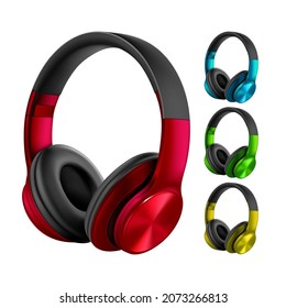 Earphones Wireless Electronic Gadget Set Vector. Earphones Audio Equipment for Listing Dance Music from Mobile Phone. Elektronische Transduktoren Zubehör Vorlage realistische 3D-Illustration