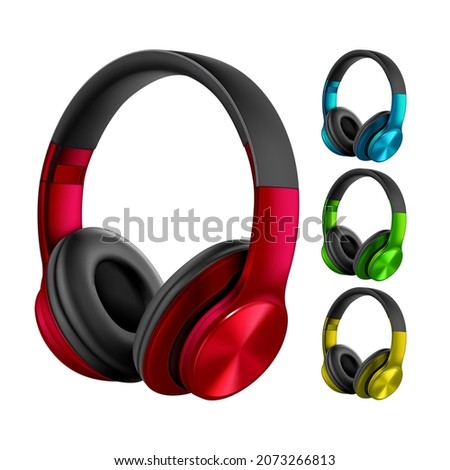 Earphones Wireless Electronic Gadget Set Vector. Earphones Audio Equipment For Listening Dance Music From Mobile Phone. Electroacoustic Transducers Device Accessory Template Realistic 3d Illustration
