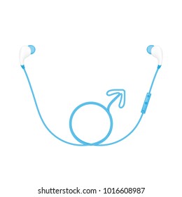 Earphones wireless and remote, In Ear type blue color and Male gender symbol made from cable isolated on white background, with copy space