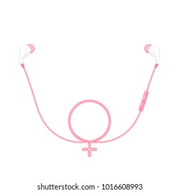 Earphones wireless and remote, In Ear type pink color and Female gender symbol made from cable isolated on white background, with copy space