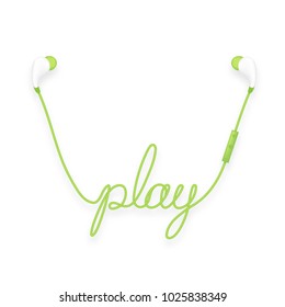 Earphones wireless and remote, In Ear type green color and play text made from cable isolated on white background, with copy space