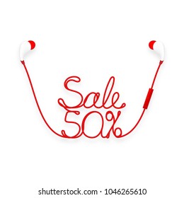 Earphones wireless and remote, In Ear type red color and Sale 50 percent text made from cable isolated on white background, with copy space