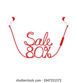 Earphones wireless and remote, In Ear type red color and Sale 80 percent text made from cable isolated on white background, with copy space