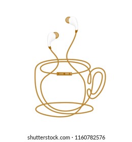 Earphones wireless and remote, In Ear type brown color and coffee cup shape made from cable isolated on white background, with copy space