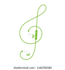 Earphones wireless and remote, In Ear type green color and Treble Clef shape made from cable isolated on white background, with copy space