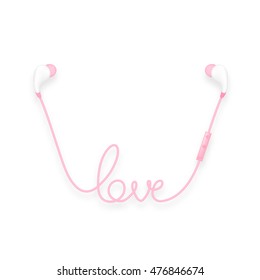 Earphones wireless and remote, In Ear type pink color and love text made from cable isolated on white background, with copy space