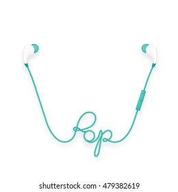 Earphones wireless and remote, In Ear type green color and pop text made from cable isolated on white background, with copy space