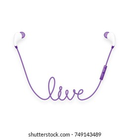 Earphones wireless and remote, In Ear type violet color and live text made from cable isolated on white background, with copy space