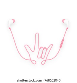 Earphones wireless and remote, In Ear type pink color and I Love You hand sign language made from cable isolated on white background, with copy space