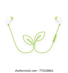 Earphones wireless and remote, In Ear type green color and Leaf Plant symbol made from cable isolated on white background, with copy space