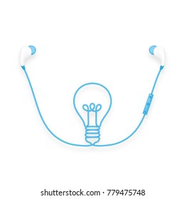 Earphones wireless and remote, In Ear type blue color and Light Bulb symbol made from cable isolated on white background, with copy space