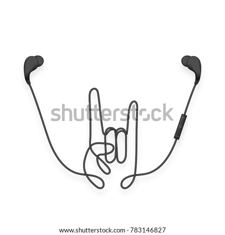 Earphones wireless and remote, In Ear type black color and Rock hand sign language made from cable isolated on white background, with copy space